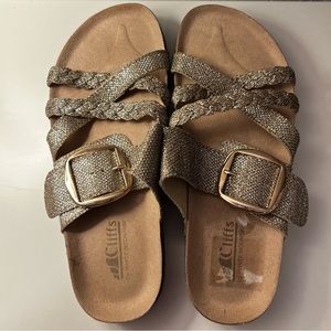 gold glitter buckle sandals